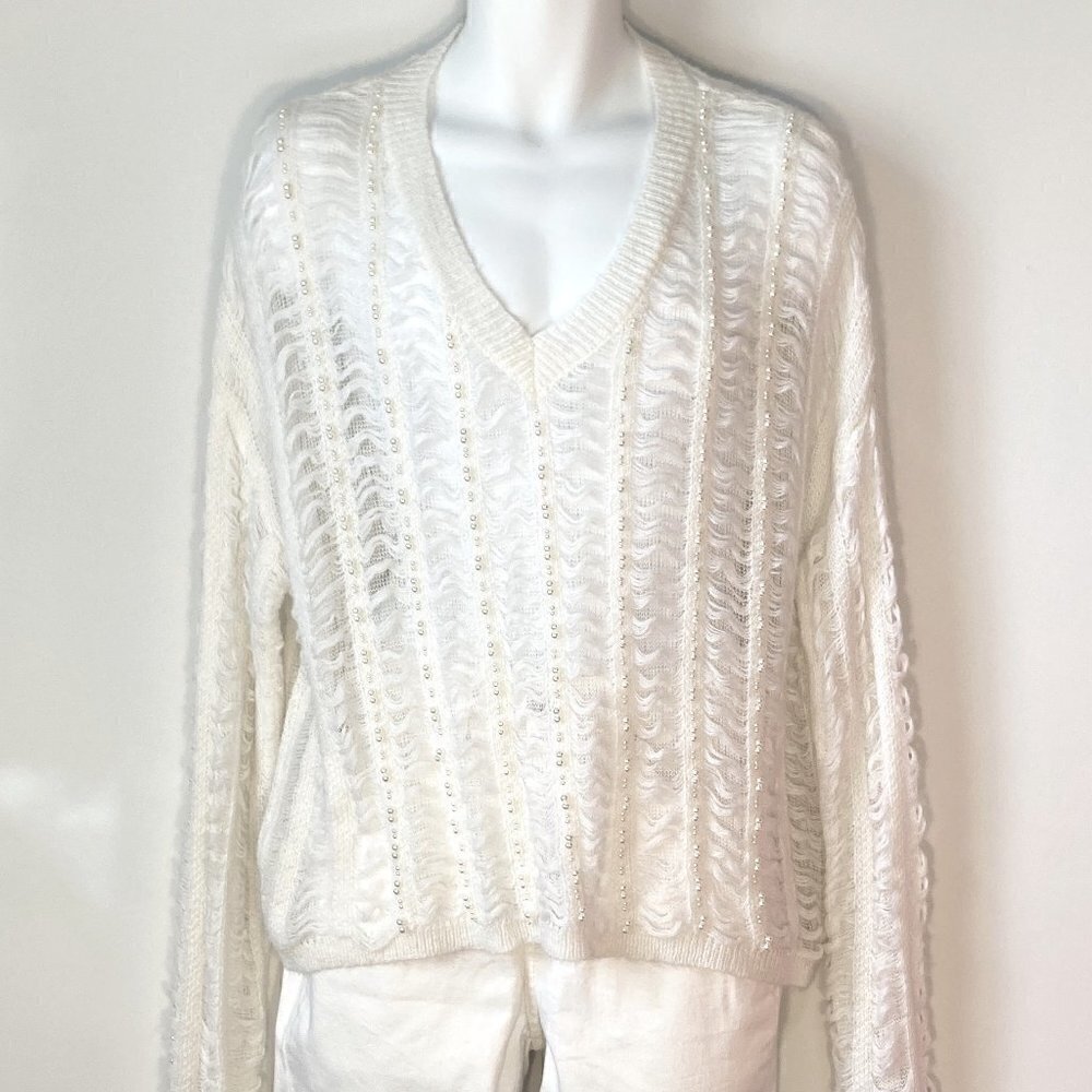 Lalavon. SZ L ivory wool blend sheer woven weaved dressy sweater pearl details